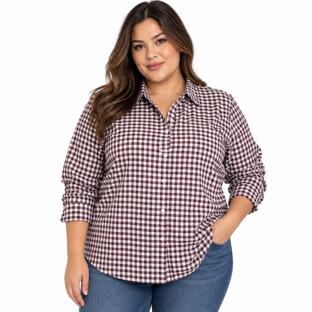 Talbots Plus Womens 1X Burgundy Gingham Cotton Button Down Shirt Long Sleeve